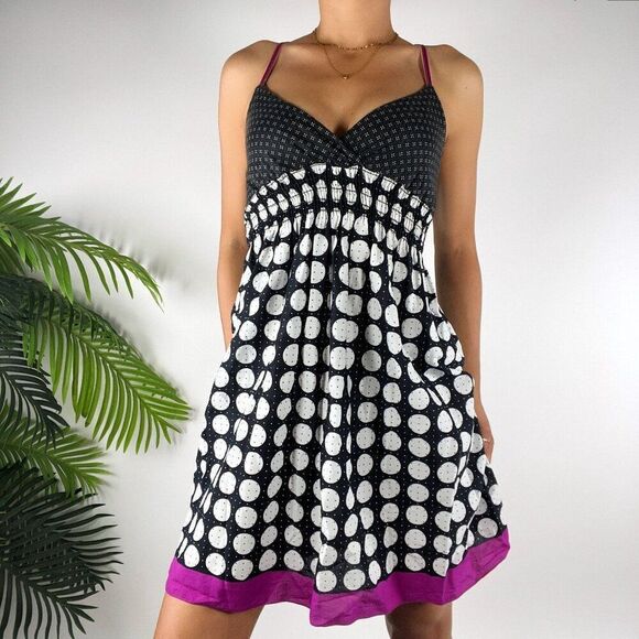 Vintage Y2K Black Polka Dot Strappy Twee Mini Skater Babydoll Mini Dress / XS - Picture 1 of 6